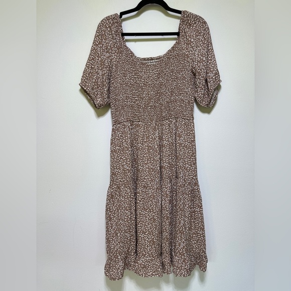 Japna | Brown Ditsy Print Tiered Midi Dress | Puff Sleeve Boho Style | Size M - Picture 3 of 10